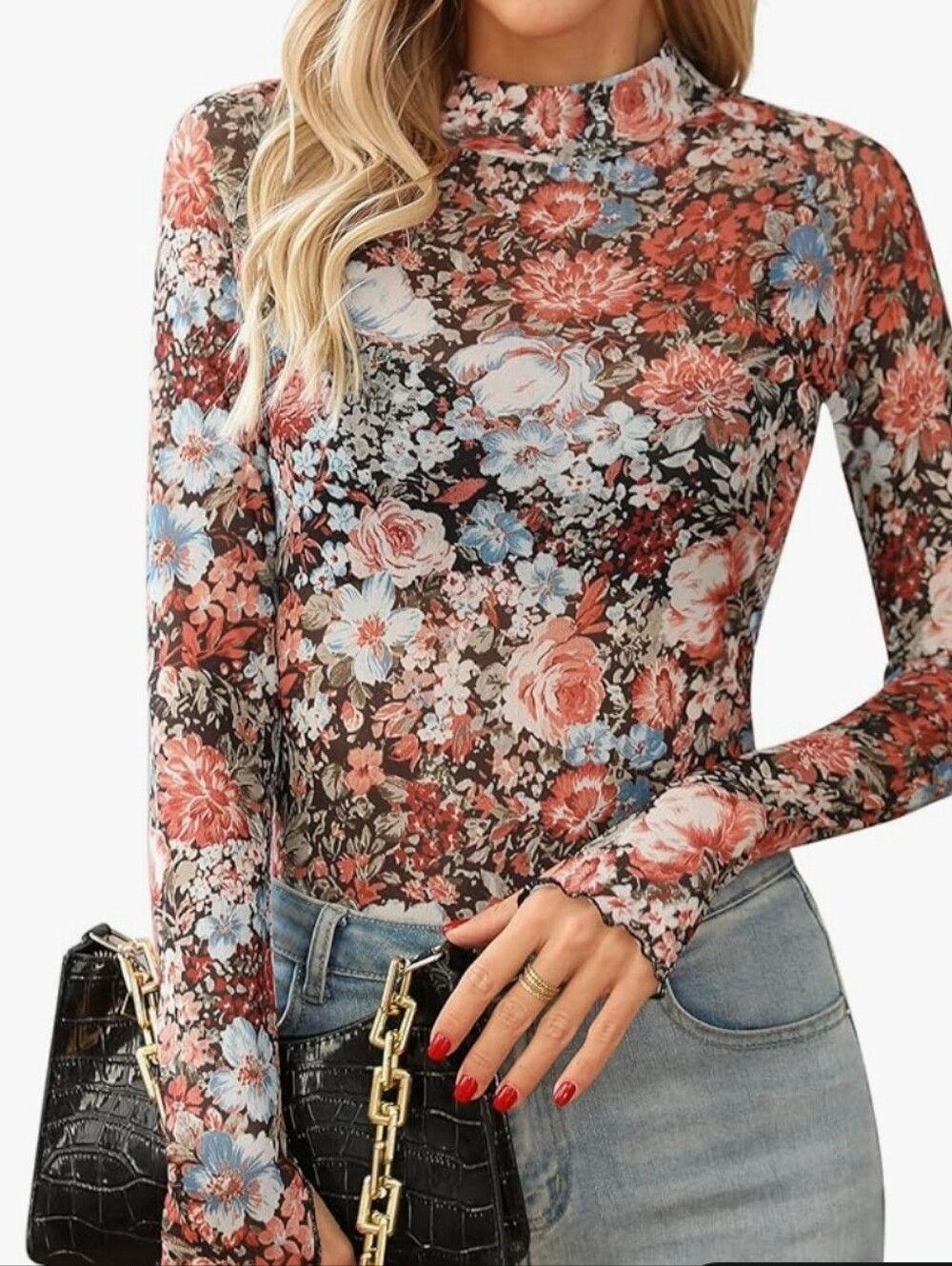 Floral Mesh Long-Sleeve Mock Neck Crop Top
